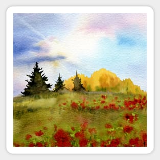 Watercolor Poppy Field Nature Landscape Sticker